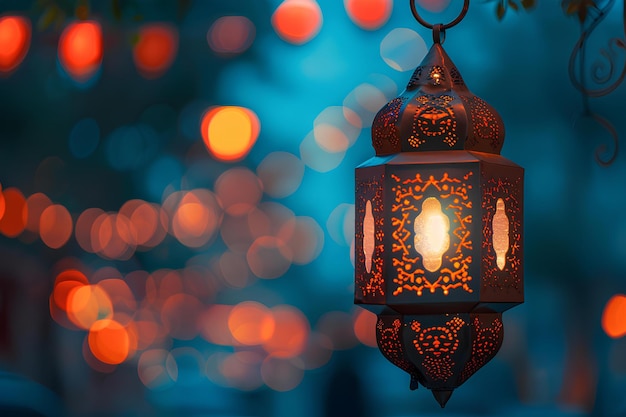 A lantern hanging from a tree with lights in the background