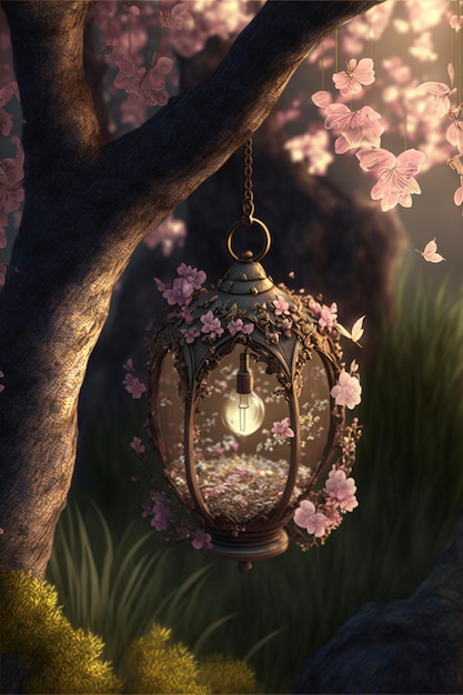 Lantern hanging from a tree with pink flowers generative ai