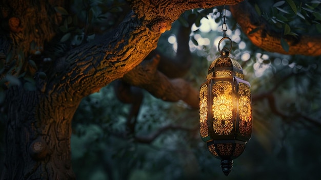 a lantern hanging from a tree with a tree in the background