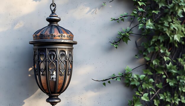 Lantern hanging on the wall with ivy leaves and copy space Islamic background ramadan background