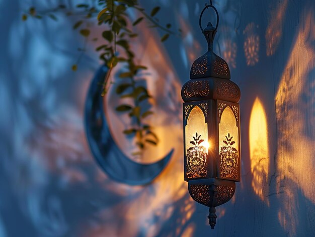 A lantern hanging on a wall with a moon and plant