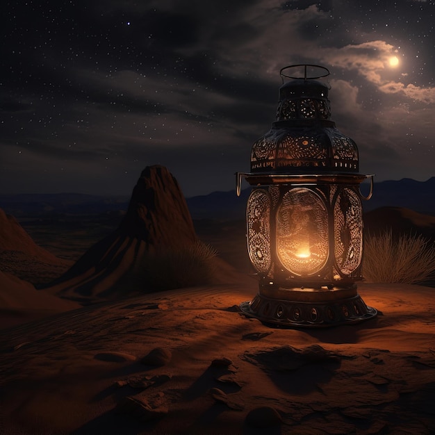 A lantern is lit up in the desert with the moon in the background.