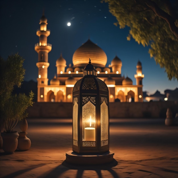 A lantern is lit up at night with the moon in the background