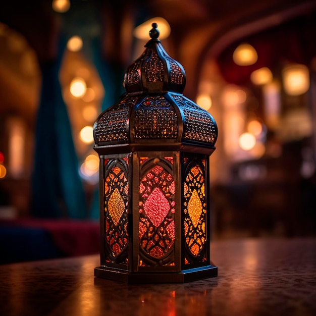 A lantern is lit up on a table in a restaurant.