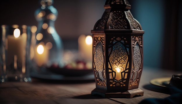 A lantern is lit up on a table with candles in the background.