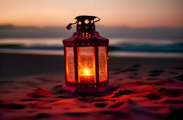 A lantern is placed on the sand at sunset