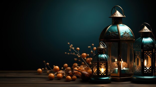 A lantern is placed on a wooden table with a beautiful background for the Muslim feast of the holy month of Ramadan Kareem Eid ul Fiter Eid ul Adha Islamic wallpaper and background