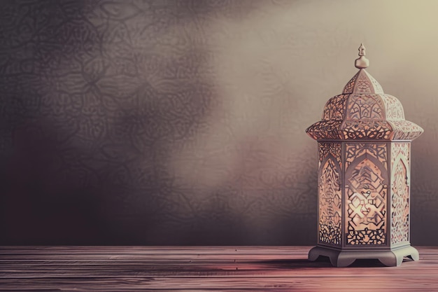 A lantern is placed on a wooden table with a beautiful background for the Muslim feast ramadhan