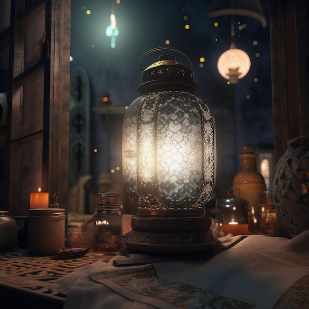 A lantern is sitting on a table with a candle in the background.