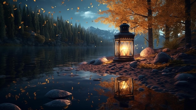 Lantern lake with trees starry night beautiful image Ai generated art