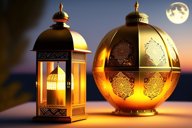 A lantern and a lamp are lit up with the words ramadan.