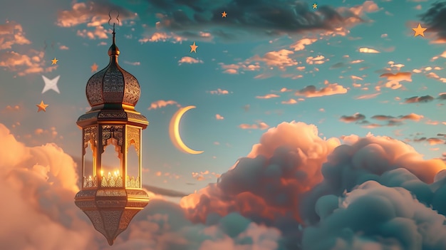 Lantern light beneath the Eid crescent and clouds