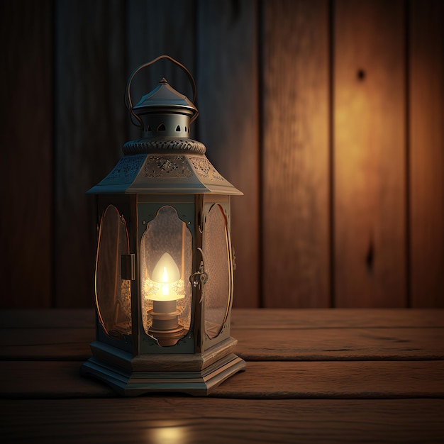 lantern light on wooden table for ramadan islamic festive