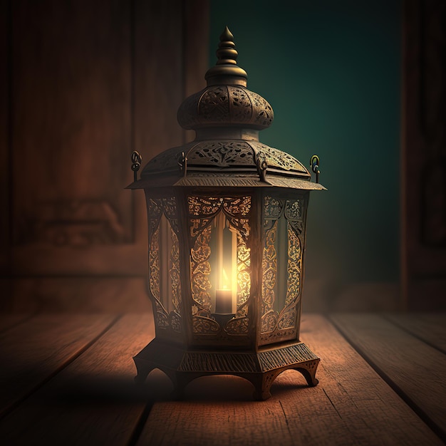 lantern light on wooden table for ramadan islamic festive