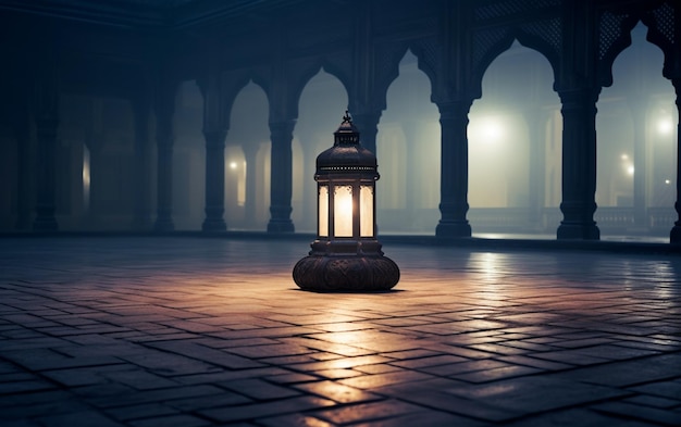 A lantern in the middle of the courtyard of an Islamic mosque with a cement floor reflecting foggy