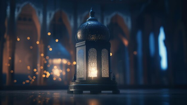 A lantern in a mosque with the lights on.