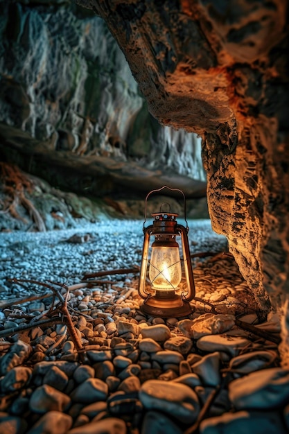 Lantern on rocky beach