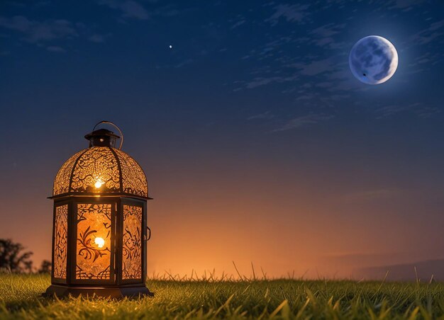 a lantern sits in a field with the moon in the background