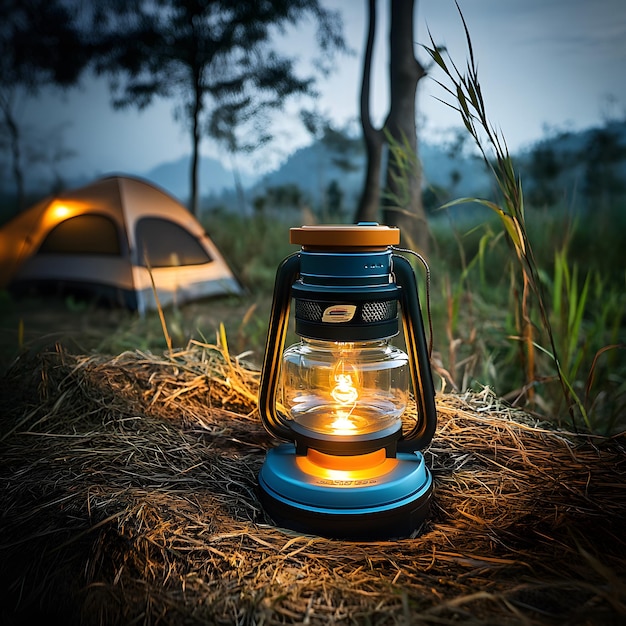 Photo a lantern sits in the grass with a mountain in the background