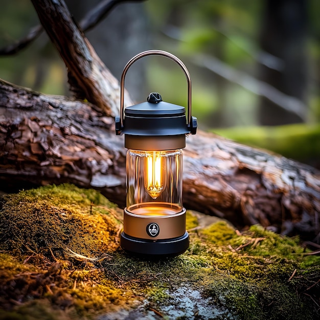 Photo a lantern sits on a log in the woods