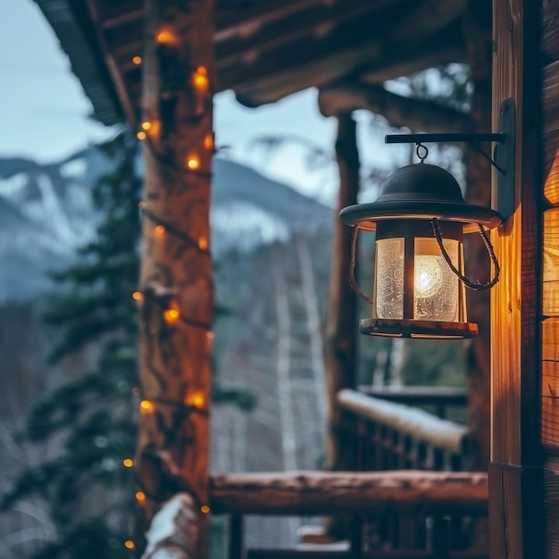 a lantern sits on a porch outside of a cabin