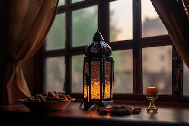 A lantern sits on a table in front of a window with a plate of cookies and a candle.