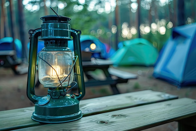 Photo a lantern sits on a wooden table with a blue tarp on it