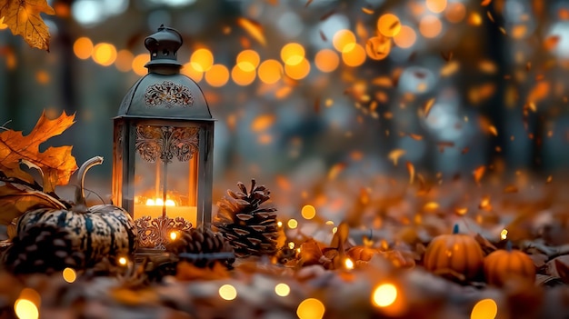 A lantern surrounded by pumpkins