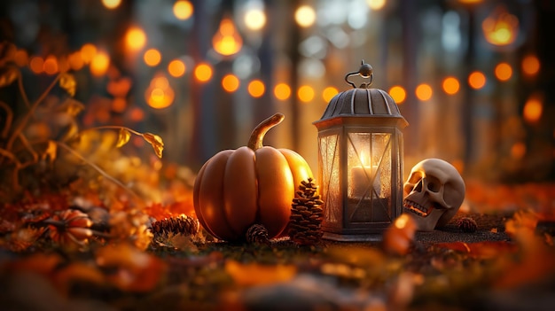 A lantern surrounded by pumpkins