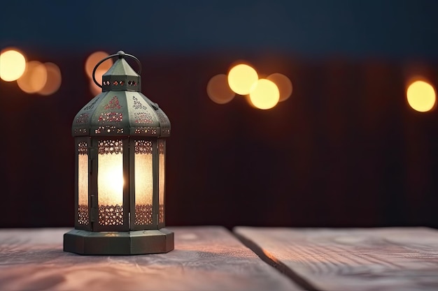 A lantern on a table with lights in the background