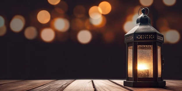 A lantern on a table with lights in the background