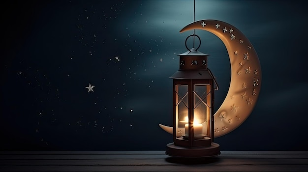 Lantern with burning candle and night sky Illustration AI GenerativexA