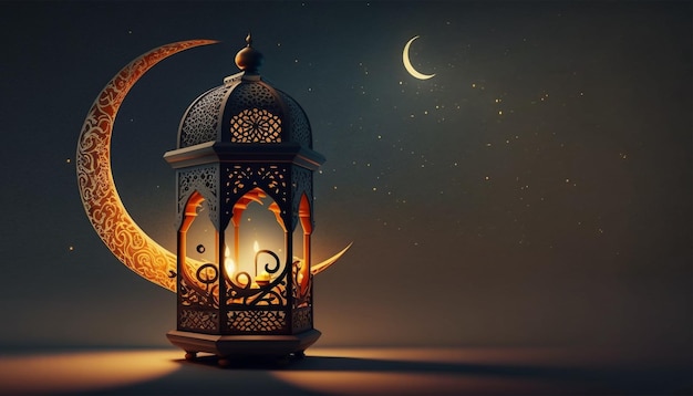 Lantern with burning candle and night sky with waning crecent moon background Generative AI