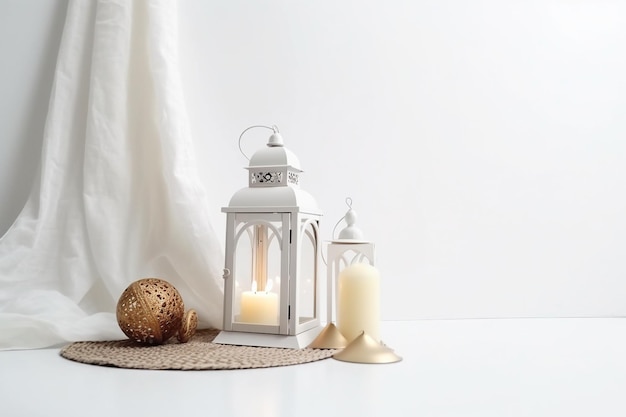 Lantern with burning candles nuts and napkin on white background