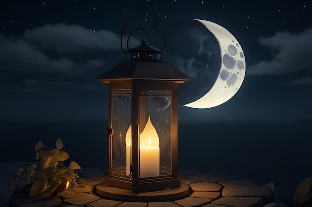 Lantern with burning little candle and night sky with waning crecent moon background