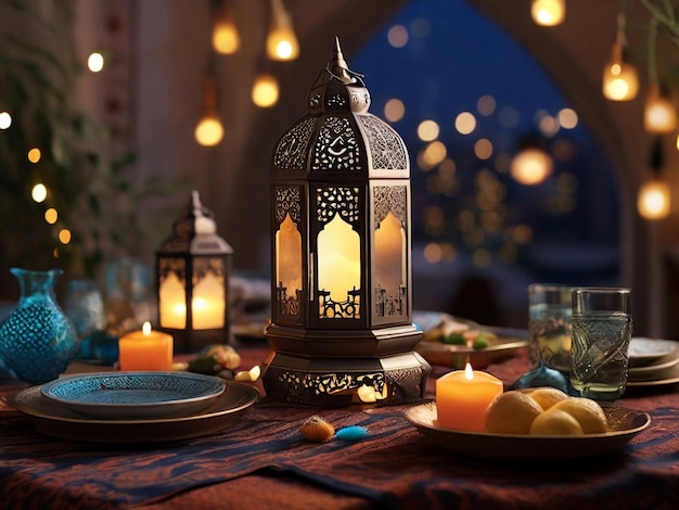 Lantern with candied fruits on table in oriental interior