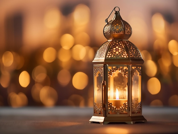 A lantern with a candle in the background