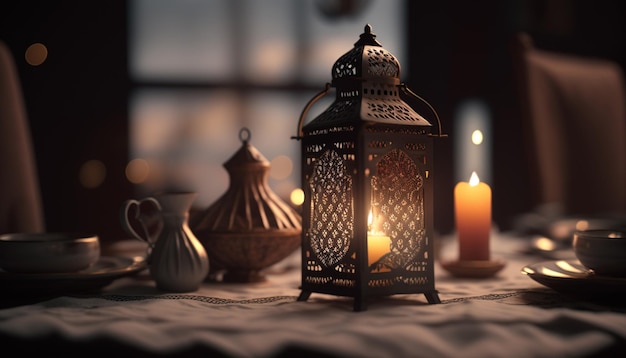 A lantern with a candle on it sits on a table in front of a window.