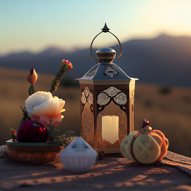 A lantern with a candle on it sits on a table with a mountain in the background.