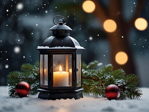 Photo a lantern with a candle in the snow