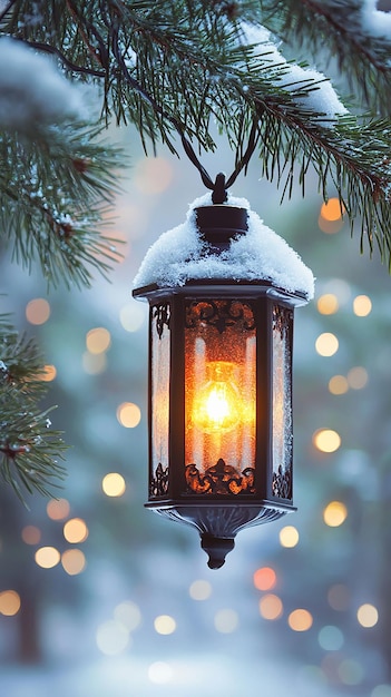 Photo a lantern with a christmas tree in the background