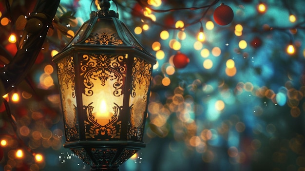 a lantern with a christmas tree in the background