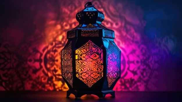 A lantern with a colorful light behind it