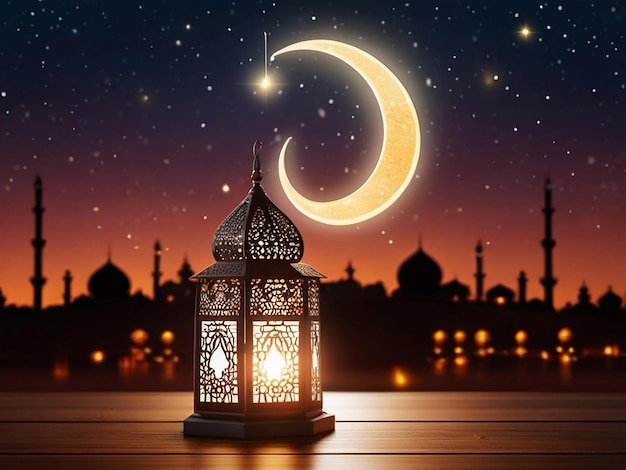 a lantern with a crescent moon and a mosque in the background