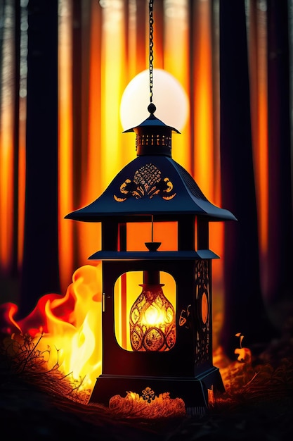 a lantern with flames in the background