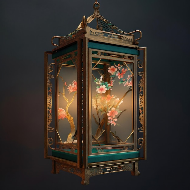 A lantern with a floral design on the bottom and a light on the bottom.