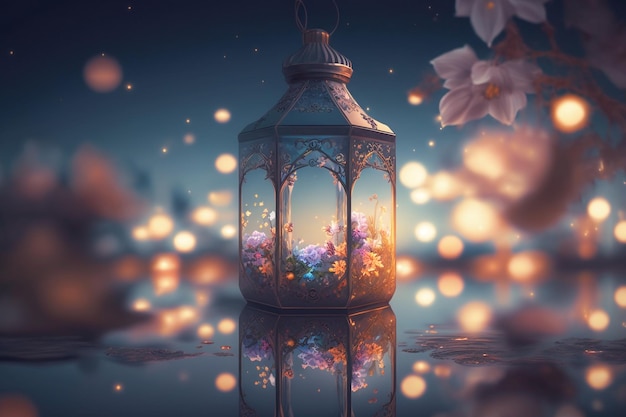 A lantern with flowers on it and a light in the background Ramadhan background