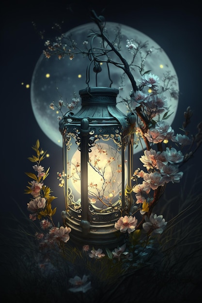 A lantern with flowers and the moon in the background