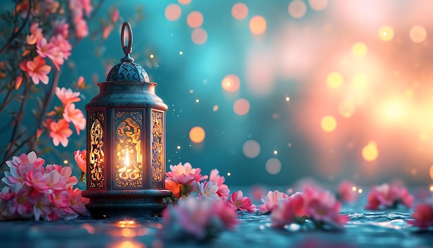 Lantern with flowers on table Islamic Ramadan Kareem background