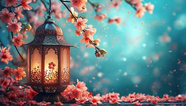 Lantern with flowers on table Islamic Ramadan Kareem background